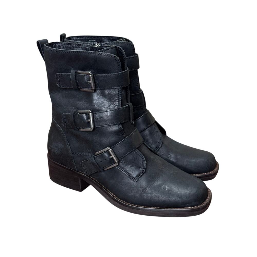 Lucky Brand Katriny Moto Black Biker Grunge Leather Boots with Buckles Size 8.5